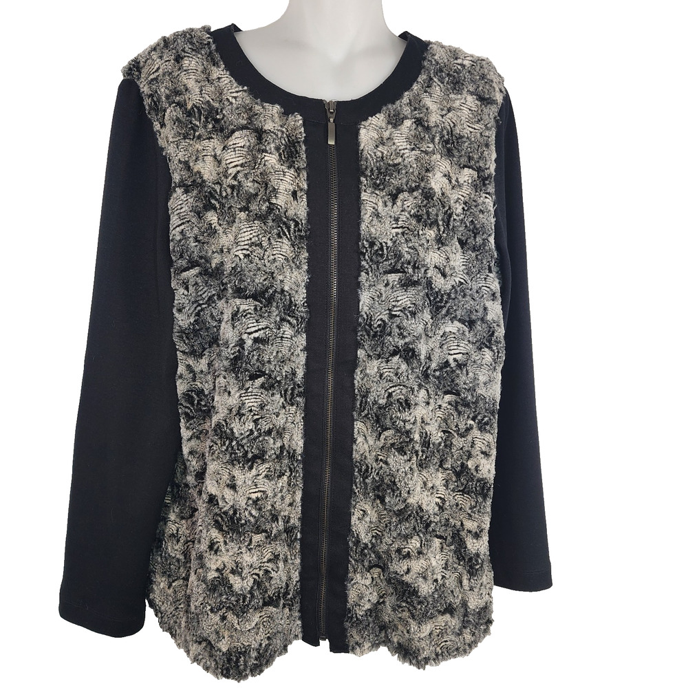 Alfred Dunner Womens Faux Fur Cardigan Sweater Full Zip Size 12 Black Abstract